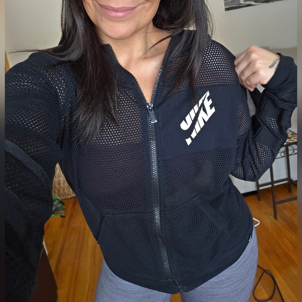 Nike Vintage Y2K Mesh Full Zip Black Hoodie Womens Medium Sweatshirt Streetwear